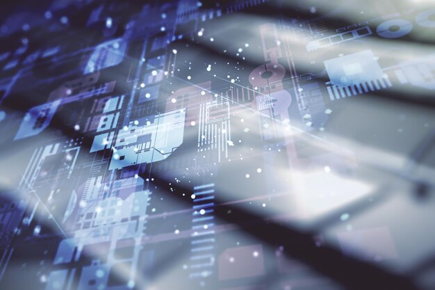 Abstract virtual coding concept on blurry abstract metal background Multiexposure
