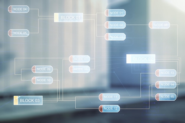 Abstract virtual coding concept on blurry modern office building background Multiexposure