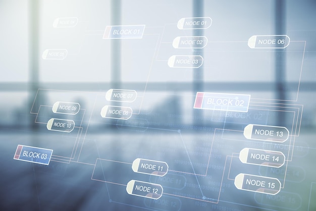 Abstract virtual coding concept on empty corporate office background Multiexposure