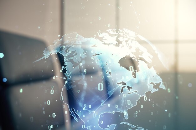 Abstract virtual coding illustration and world map on a modern coworking room background international software development concept Multiexposure