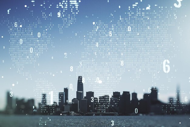 Abstract virtual coding illustration and world map on San Francisco cityscape background international software development concept Multiexposure