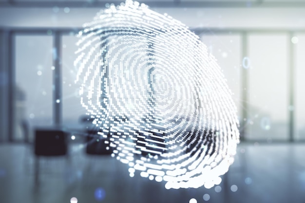 abstract virtual fingerprint hologram on a modern conference room background multiexposure