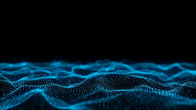 Abstract wave with blue light on black background Science background with moving dots Network connection technology Digital structure with particles 3d rendering