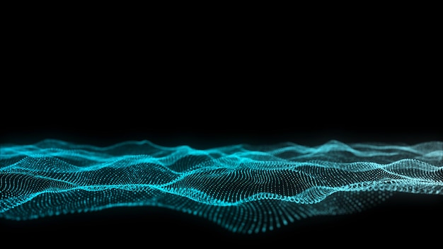 Abstract wave with blue light on black background Science background with moving dots Network connection technology Digital structure with particles 3d rendering