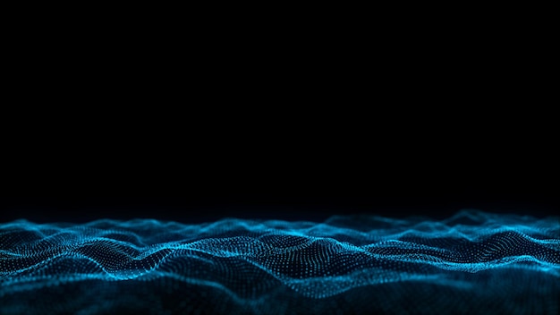 Abstract wave with blue light on black background Science background with moving dots Network connection technology Digital structure with particles 3d rendering