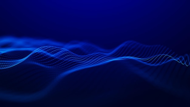 Abstract wave with moving dots and lines Flow of particles Cyber technology illustration 3d rendering