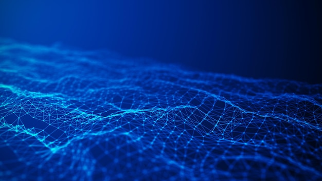 Abstract wave with moving dots and lines Flow of particles Cyber technology illustration 3d rendering