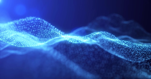 Abstract waves from particles and lines of blue futuristic beautiful flying glowing magical energy with sun rays and blur effect Abstract background