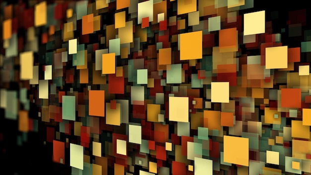 Abstract web background with multicolored transparent squares and particles 3D computer rendering