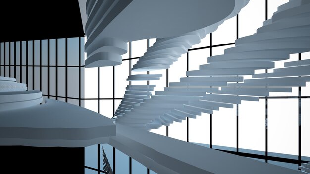 abstract white and black interior multilevel public space with window 3d illustration and rendering