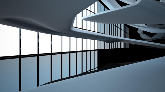 abstract white and black interior multilevel public space with window 3d illustration and rendering