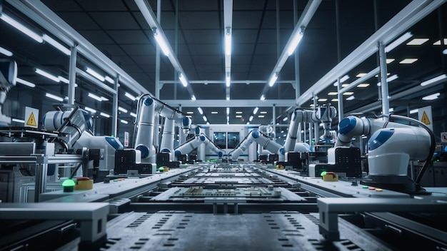 Advanced Microelectronics Manufacturing AI Robotic Arms Assembling Circuit Boards on a Modern Production Line Factory Floor is Automated Robots Performing Mechanical Tasks with PCB Components