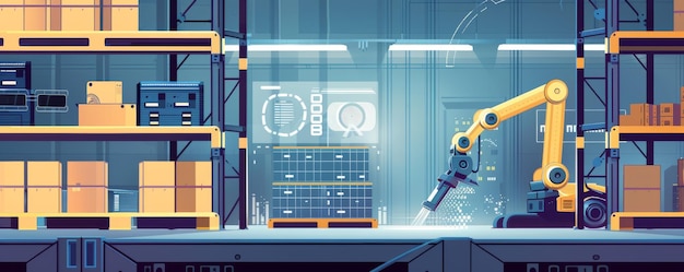 Advanced robotic arm operating in a futuristic warehouse sorting and managing packages