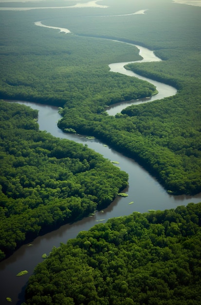aerial view of the amazonas jungle landscape with river bend generative ai