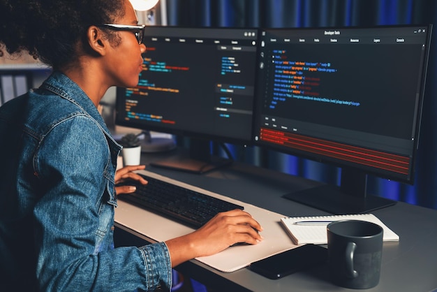 African IT developer concentrating codding program on laptop screen Tastemaker