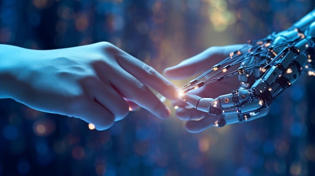 AI and machine learning Generative AI deep learning the Internet and a robot touching a massive data network