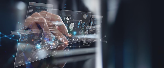 AI Artificial Intelligence Business man using AI technology for data analysis coding computer language with digital brain machine learning on virtual screen business intelligence