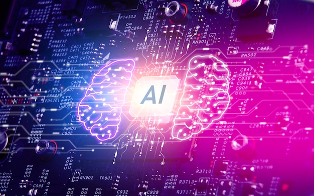AI artificial intelligence concept Close up of microprocessor with AI interface glowing on mainboard electronic computer background Futuristic innovative technologies