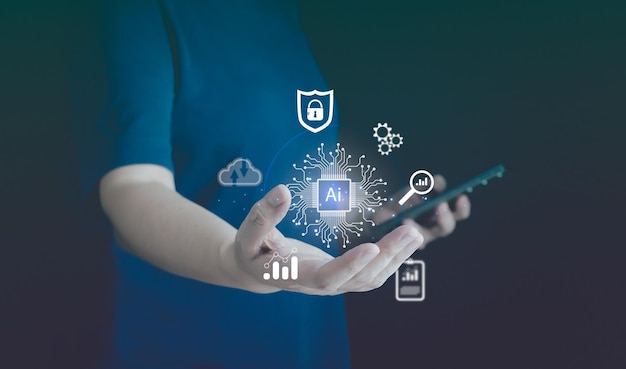 Ai artificial intelligence technology digital transormation Businessman hold ai icon on hand Concept of automation machine learning modern interface network connection cyberspace system