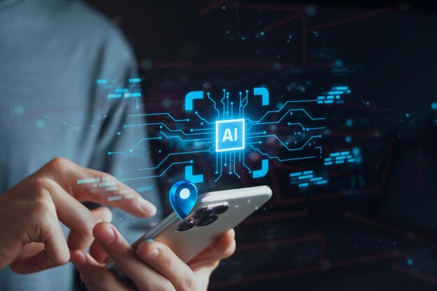 ai chat technology businessman use smartphone with virtual screen of ai chatbot communicate