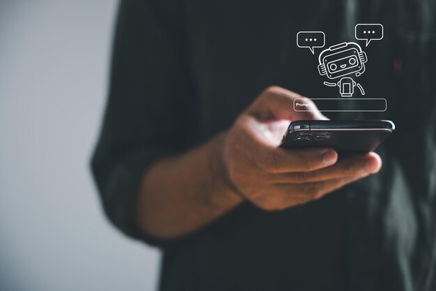 AI chatbot assistant on a phone a digital service providing conversation with an internet bot application customer service replies are automatic via AI using smart phone messaging