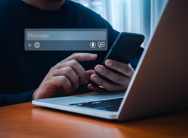 AI chatbot search engine optimization tools SEO online technology concept Conversation message box for generate text image or audio prompt appear while businessman use app on smart mobile phone