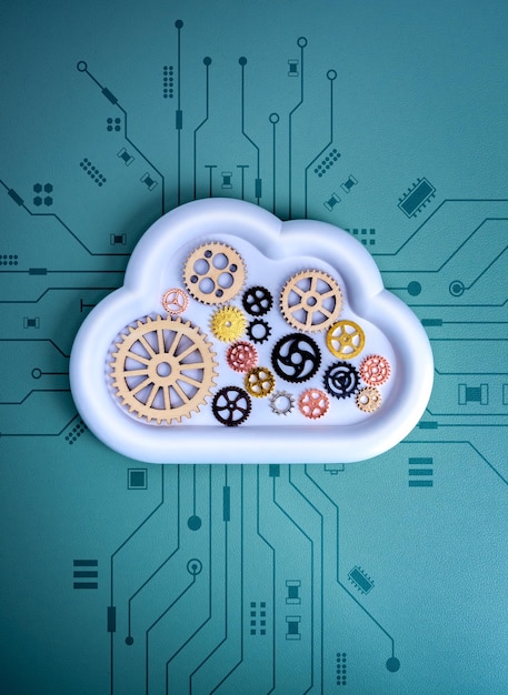 AI cloud computing and system workflow concept with cloud shape filled with gears on technology circuit background Represents automation infrastructure digital integration and data processing