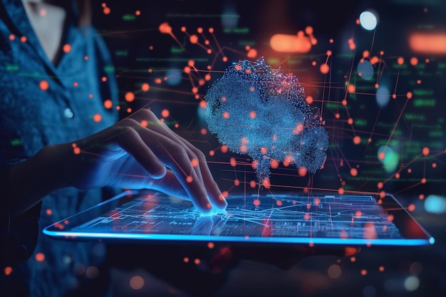 AI data science digital technology concept Computer programmer using digital tablet with AI machine