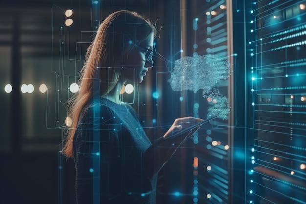 AI data science digital technology concept Computer programmer using digital tablet with AI