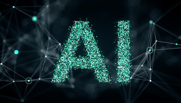 AI digital hologram symbol with neural network connections and green pixelated design on dark cyberspace background 3D Rendering