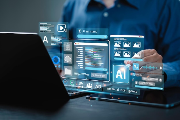 Ai generate concept Artificial Intelligence Content Generator tool Man uses a laptop with AI assistant to graphic design translate language chat bot generate images write code and advertising