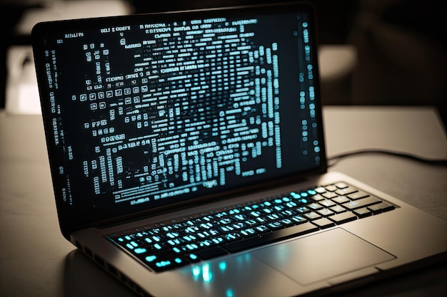 AI generated hacker laptop with binary computer code internet and network security