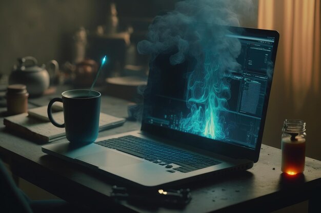 ai generated hacker laptop with fire binary computer code internet and network security