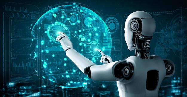 ai hominoid robot touching hologram screen shows concept of global communication