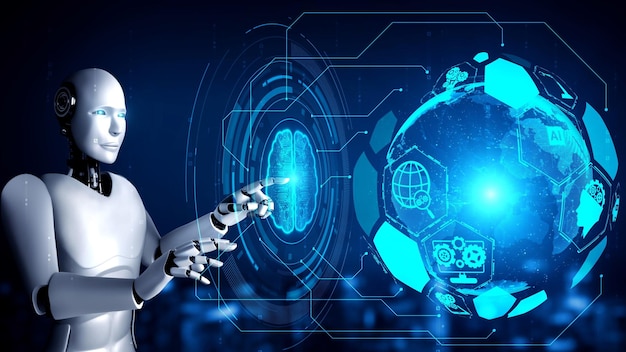 AI hominoid robot touching virtual hologram screen showing concept of big data
