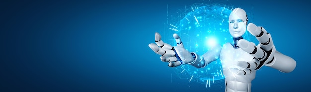 AI humanoid robot holding hologram screen