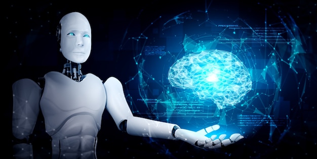 AI humanoid robot holding virtual hologram screen