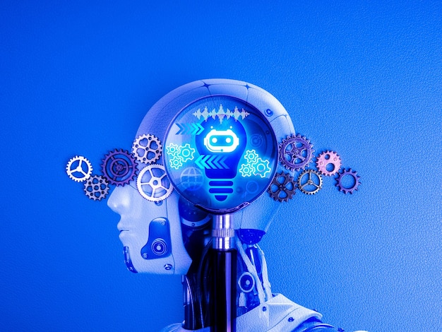 ai learning technology intelligence digital automate tools service concept digital lightbulb bot icon inside robot head as a brain with magnifying and workflow gears cogwheels on blue background