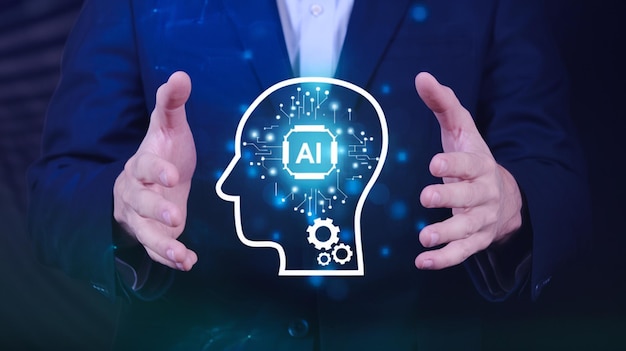 AI Machine learning Hands of robot and human touch on big data network connection of brain AI