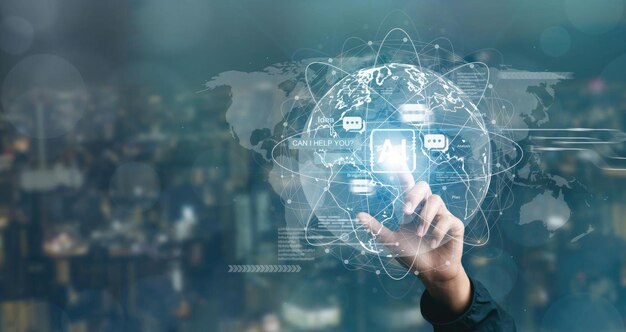 AI machine learning of the future hands touching AI data graph and chat bot that communicates with technology's automated messages on the background of big data network connection