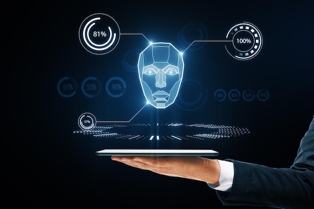 ai system in hologram human head with hud display elements artificial intelligence for vr with tech shapes hud biometric technology face recognition systems male hand holding smartphone