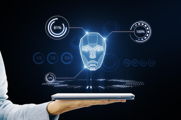 ai system in hologram human head with hud display elements artificial intelligence for vr with tech shapes hud gui ui biometric technology face recognition systems hand holding smartphone