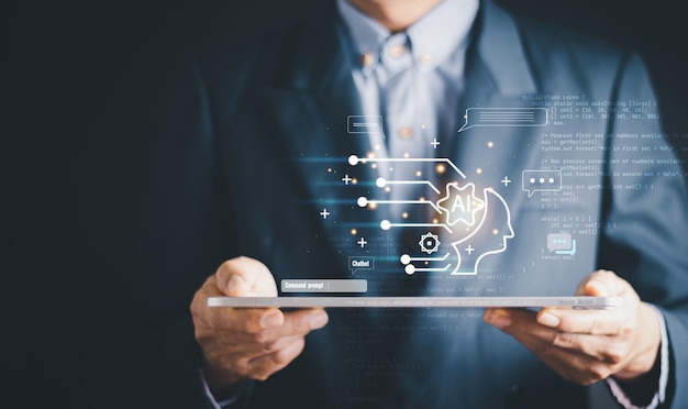 Ai tech businessman show virtual graphic Global Internet connect robot Chat with AI Artificial Intelligence Using command prompt for generates something Futuristic technology transformation