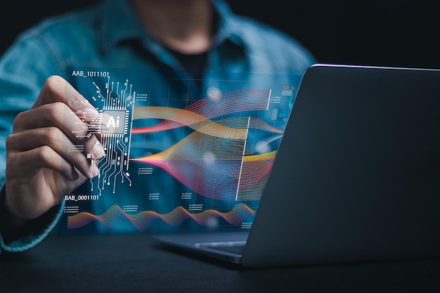 Ai tech concept businessman use laptop with Ai tools for artificial intelligence use analytics automation and autonomous brain big data management