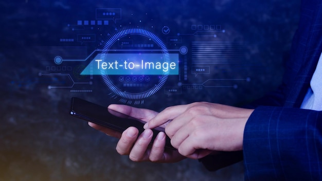 Ai tech Text to image virtual graphic with AI Artificial Intelligence using command prompt for generates something Futuristic technology transformation