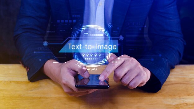 Ai tech Text to image virtual graphic with AI Artificial Intelligence using command prompt for generates something Futuristic technology transformation