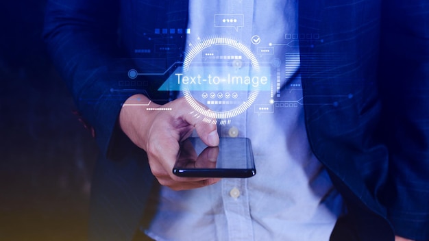 Ai tech Text to image virtual graphic with AI Artificial Intelligence using command prompt for generates something Futuristic technology transformation