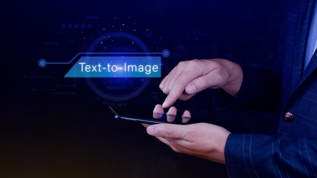 Ai tech Text to image virtual graphic with AI Artificial Intelligence using command prompt for generates something Futuristic technology transformation