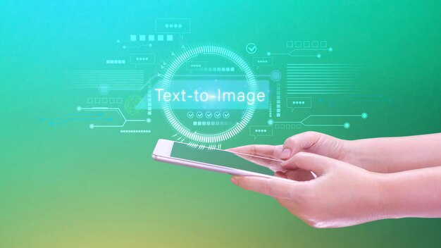 Ai tech Text to image virtual graphic with AI Artificial Intelligence using command prompt for generates something Futuristic technology transformation