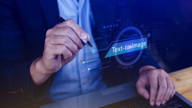 Ai tech Text to image virtual graphic with AI Artificial Intelligence using command prompt for generates something Futuristic technology transformation